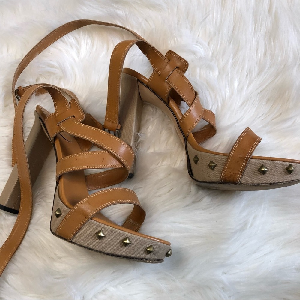 Sergio Rossi Tan Leather & Canvas Stud Platform Sandals